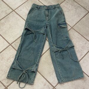 Cider Washed Blue Wide-Leg Tie Detail Cargo Jeans